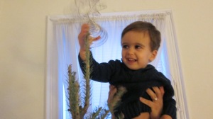 Here I am putting the star on top of our tree.